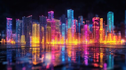 Vibrant nightscape of a futuristic city urban environment digital art high-contrast colorful lights