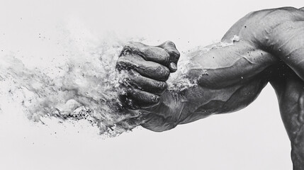 A high-speed black and white photograph of a muscular fist punching through a cloud of powder creating a powerful impact  
