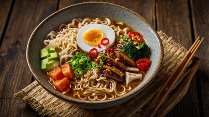 A bowl of ramen with vegetables, egg, and meat, beautifully presented for a delicious meal.