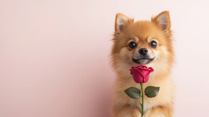 Pomeranian dog celebrates valentine's day with rose in hand