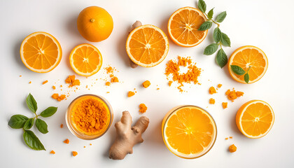 Immune boosting natural vitamin health defending drink to resist virus. Flat-lay of fresh turmeric, ginger and citrus juice shots over white background, top view. Vegan Immunity system booster isola