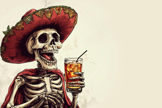 A funny skeleton in a Mexican hat with tequila in its hands. Space for text, vintage style, illustration