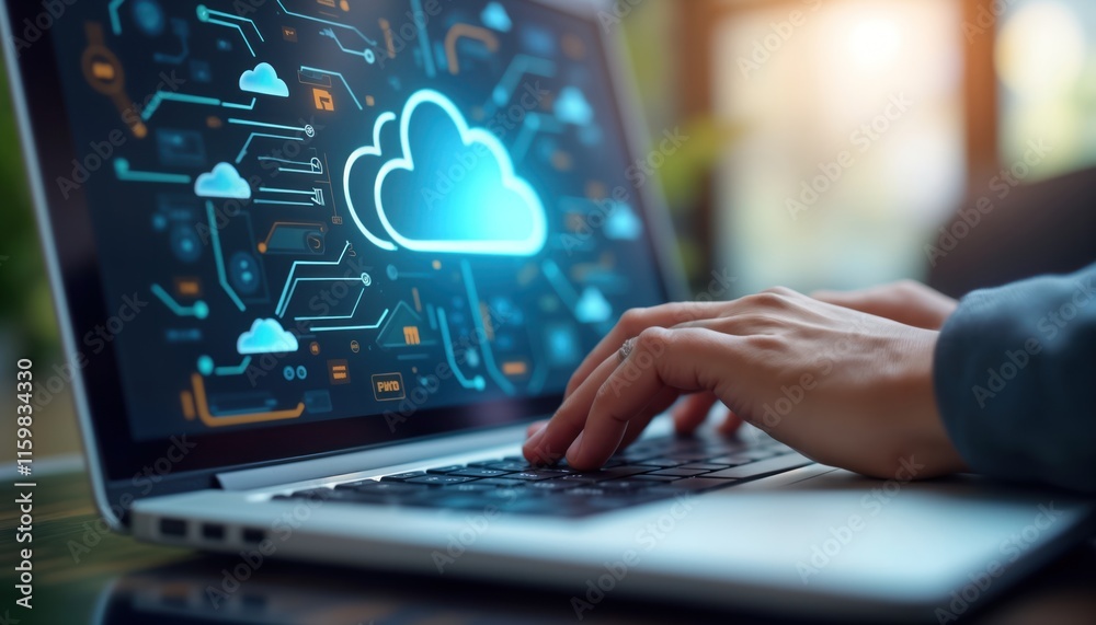 Poster business person explores future cloud computing concepts on laptop. hands type on keyboard. cloud te