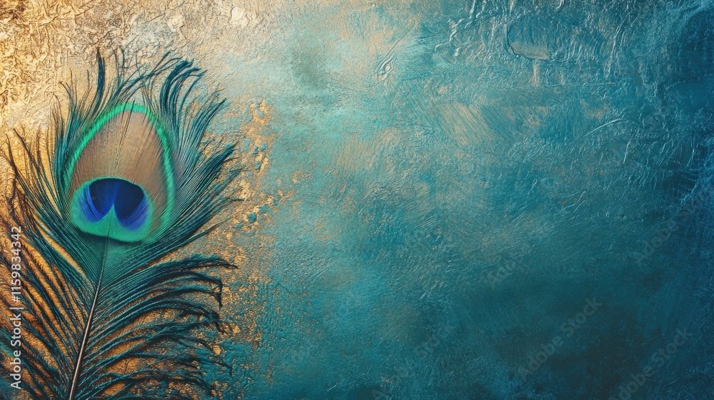 Aufkleber close up of a single peacock feather showcasing intricate textures and vibrant colors against a text