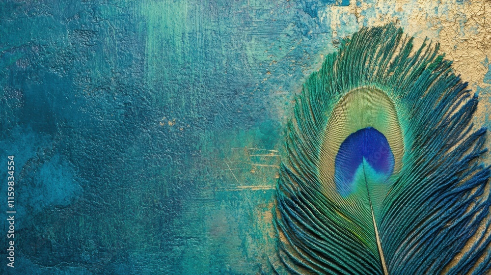 Leinwandbilder close up view of a vibrant peacock feather showcasing intricate textures against a blue background w