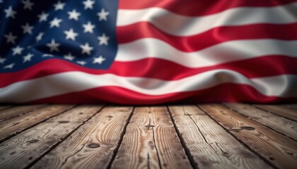 Empty wooden table with American flag background. Ideal for patriotic display. Great for holiday layouts. Vintage, rustic style. Perfect for booklets, posters. Suitable for Independence Day Memorial