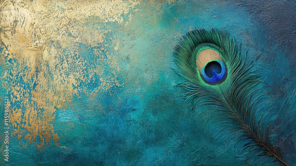 Fototapete close up of a vibrant peacock feather showcasing intricate textures and unique hues against an elega