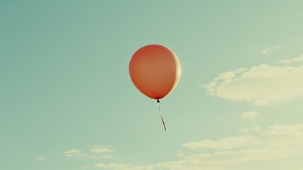 Fototapeta premium Single Orange Balloon Floating in a Clear Blue Sky with Clouds