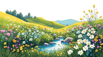 Fototapete Idyllic summer meadow landscape with wildflowers and a flowing stream. © Almahyra