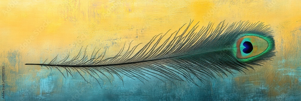 Leinwandbilder Close up view of a single peacock feather displaying intricate textures and vibrant colors for mock up design use. Generative AI