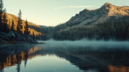 Obraz premium Misty mountain lake at sunrise, reflecting golden light on calm water.