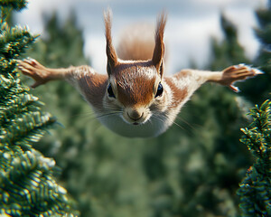 Obraz premium A playful red squirrel in mid-air, gliding between pine trees. Close-up view emphasizing its adorable expression and outstretched paws.