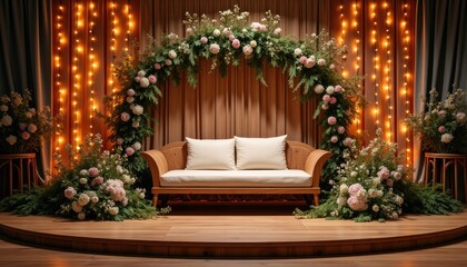  A wooden stage with a white sofa and floral arch is set against a backdrop of orange lights and greenery, creating a warm and inviting atmosphere.