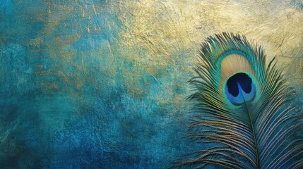 Intricate peacock feather against a colorful textured background with space for text and design elements. Generative AI