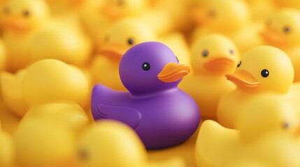 A purple rubber duck surrounded by yellow rubber duck