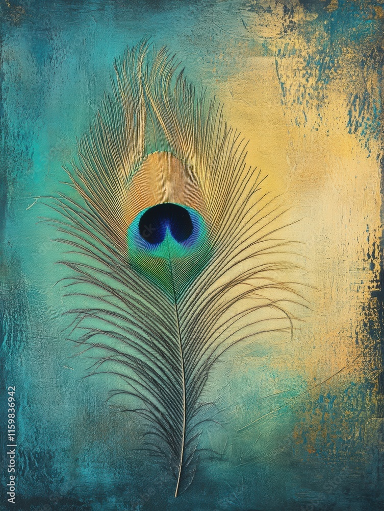 Poster intricate close up of a peacock feather showcasing vibrant colors and textures against a textured ba