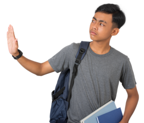 Young college student doing stop gesture with hand standing over white background