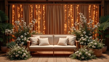  A cozy seating area with a beige sofa and two white cushions is set against a backdrop of orange curtains adorned with white flowers and string lights.