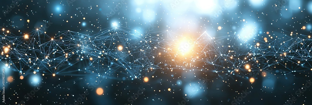 Poster abstract representation of interconnected data points and light, symbolizing technology and science.