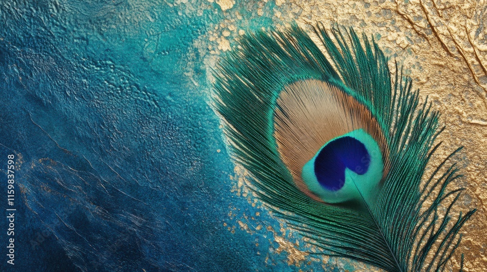 Fototapete intricate close up of a peacock feather showcasing vibrant colors and textures with ample space for 