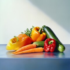 Bountiful harvest of fresh vegetables on a table. Featuring colorful peppers, carrots, and zucchini