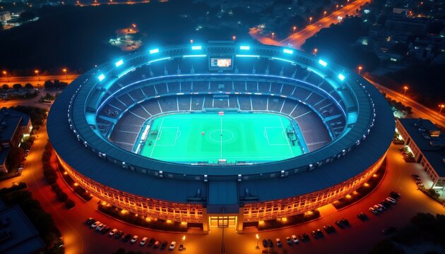 Aerial view of futuristic sports stadium at night. Bright lights illuminate arena. Field shows holographic replays. Empty seating suggests no active game. Urban landscape surrounds stadium. Modern