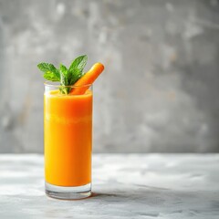 Bright carrot juice in a tall glass. Featuring fresh carrots and mint
