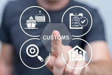 Customs officer using virtual touch screen push word: CUSTOMS. Customs warehouse service concept. Customs Declaration Clearance Registration. Cargo delivery, import and export.