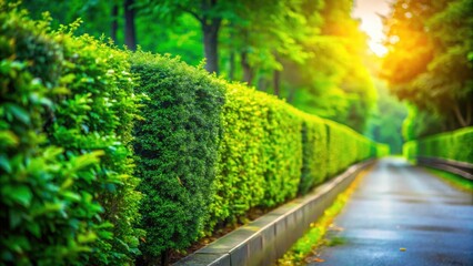 Green Hedge Fence with Bokeh Effect: Serene Outdoor Scene, Concrete Road, Nature's Beauty, Tranquil Environment, Lush Greenery, Depth of Field, Landscape Photography, Garden Pathway