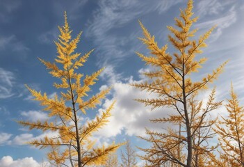 Yellow larch tree branches and needles against a vibrant autumn sky with a few clouds, nature backdrop, colorful landscape, vibrant autumn sky