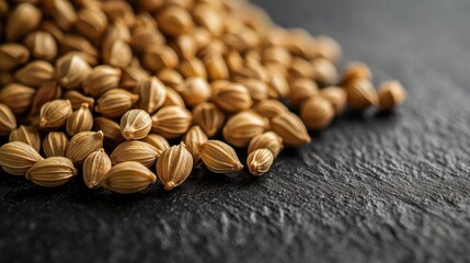 Close-up of coriander seeds on dark surface.