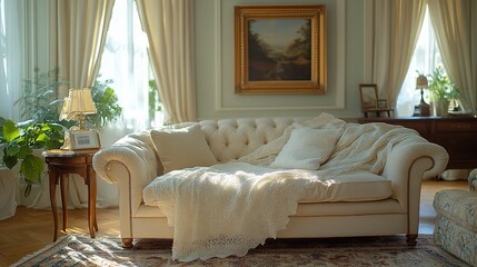 Elegant Cream Sofa In Sunlit Living Room