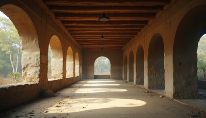  An arched hallway with wooden beams and arches, leading to a doorway with a window, in a dilapidated building with scattered debris.