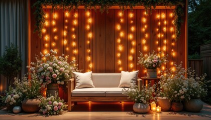  A cozy outdoor seating area features a white sofa with two white pillows, surrounded by potted plants and flowers, with a wooden wall adorned with orange lights and greenery.
