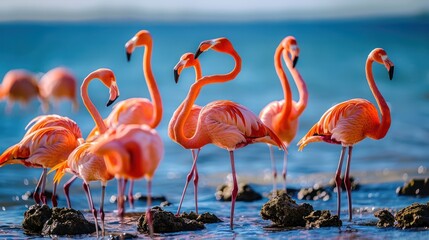 Flock of vibrant pink flamingos wading in shallow water