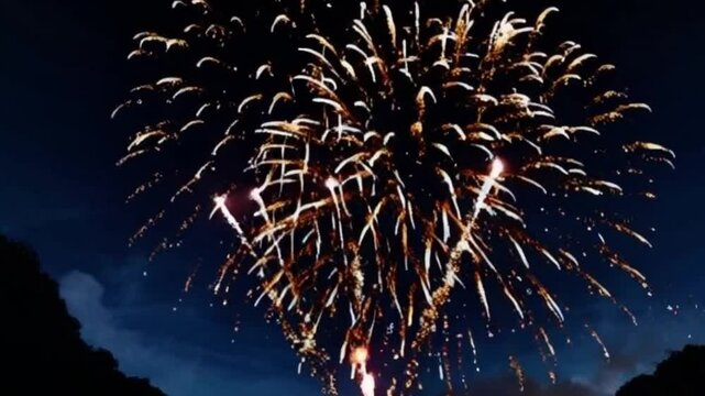 Bright fireworks exploding in the night sky with vibrant flashes and colorful trails, creating a festive and celebratory atmosphere