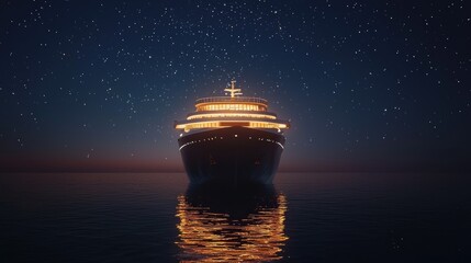 Luxury cruise ship at night, starry sky reflection.