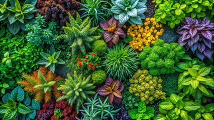 Lush Watercolor Herb Garden Drone Photography: Vibrant, Detailed Herbaceous Plants, Aerial View, Colorful Botanical Landscape, Lush Greenery, Nature's Palette, Organic Gardening