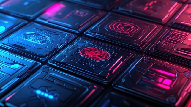 Futuristic circuit board with glowing neon elements in blue and red light