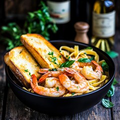 A bowl of shrimp pasta with garlic bread and herbs on a rustic table.