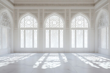 Fototapeta premium Elegant White Interior Design with Intricate Arabic Architecture