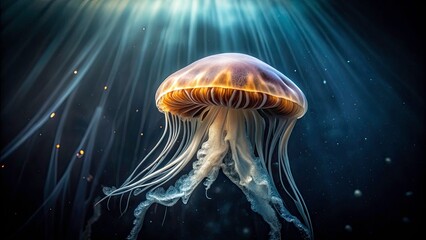 Mesmerizing Low Key Jellyfish in Dark Saltwater Aquarium, Ethereal Ocean Life Captured in Tranquil Depths of Dark Water, Illuminated by Subtle Light