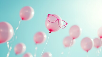 Pink balloons with glasses floating in a blue sky.