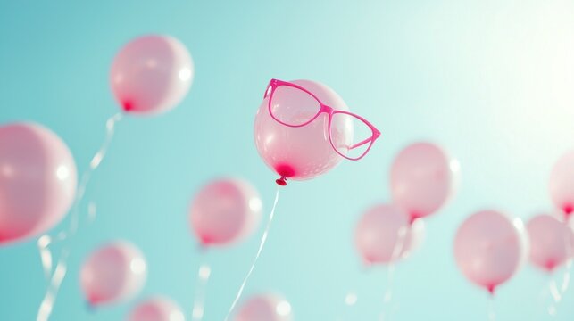 Pink balloons with glasses floating in a blue sky.
