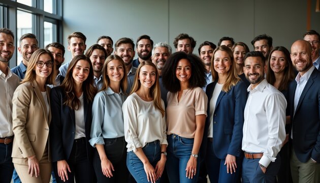 Large diverse group of happy adults stands together indoors. Business people, colleagues look at camera. Multiethnic group. Successful team poses for photo. Friendly, confident faces. Strong