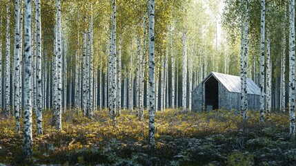 Fototapeta premium Rustic barn nestled in a sunlit birch forest.
