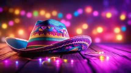 Colorful mexican sombrero on wooden table with festive lights Happy Cinco de mayo