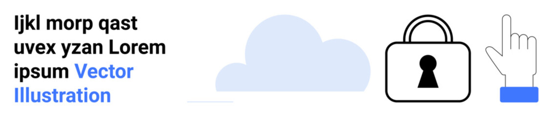 Blue cloud icon next to a lock with a keyhole and a hand pointing upwards. Ideal for cyber security, data protection, online safety, user interaction, cloud computing, informational websites