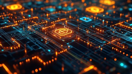 Obraz premium Abstract digital circuit board with glowing lines and central processor.