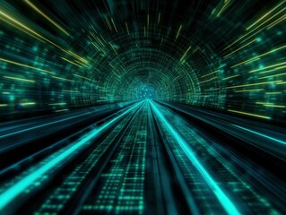 Obraz premium A futuristic tunnel with glowing lines and digital effects, suggesting speed.